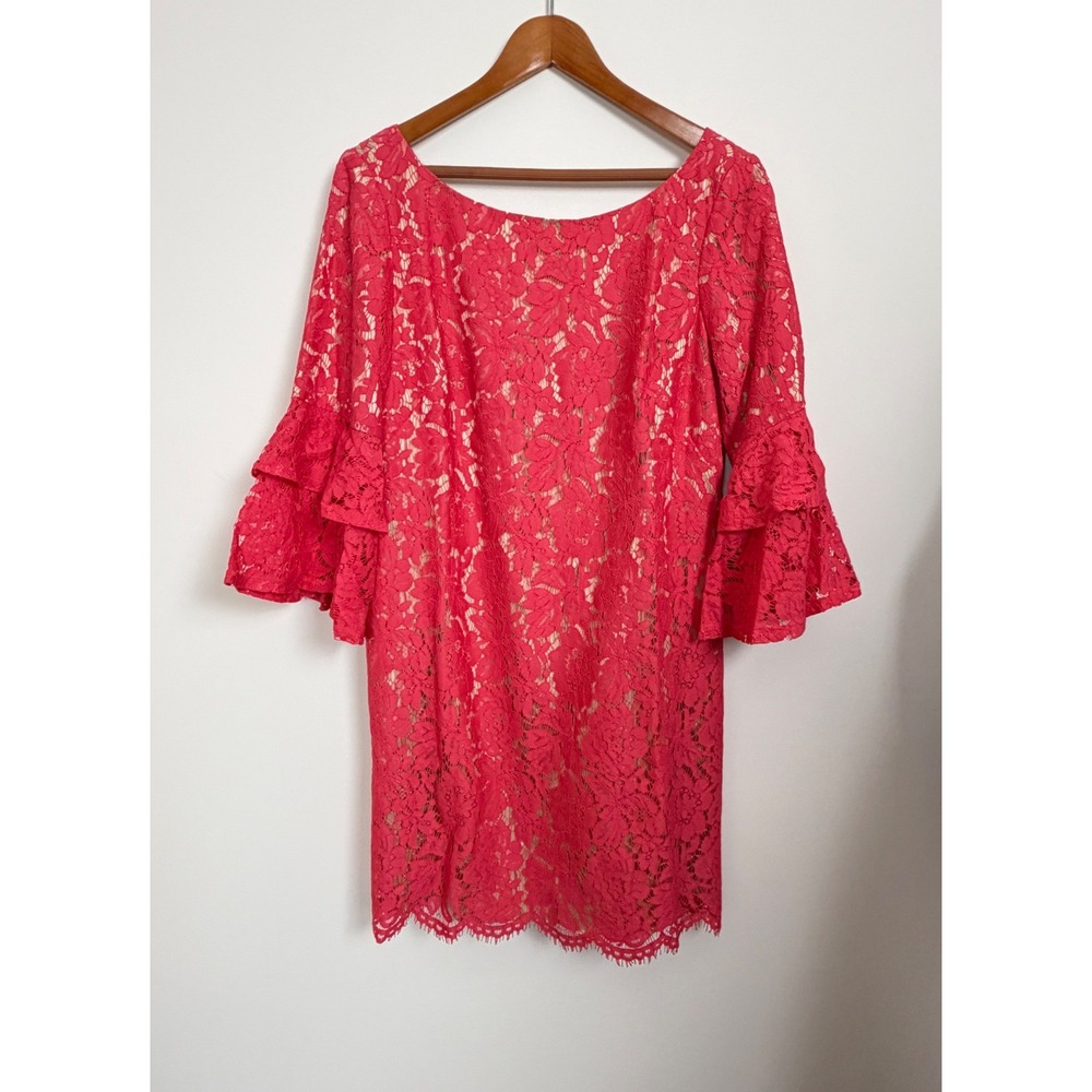 Eliza J Elegant Pink‎ Lace Overlay with Nude Lining Tiered Bell Sleeves Size 14